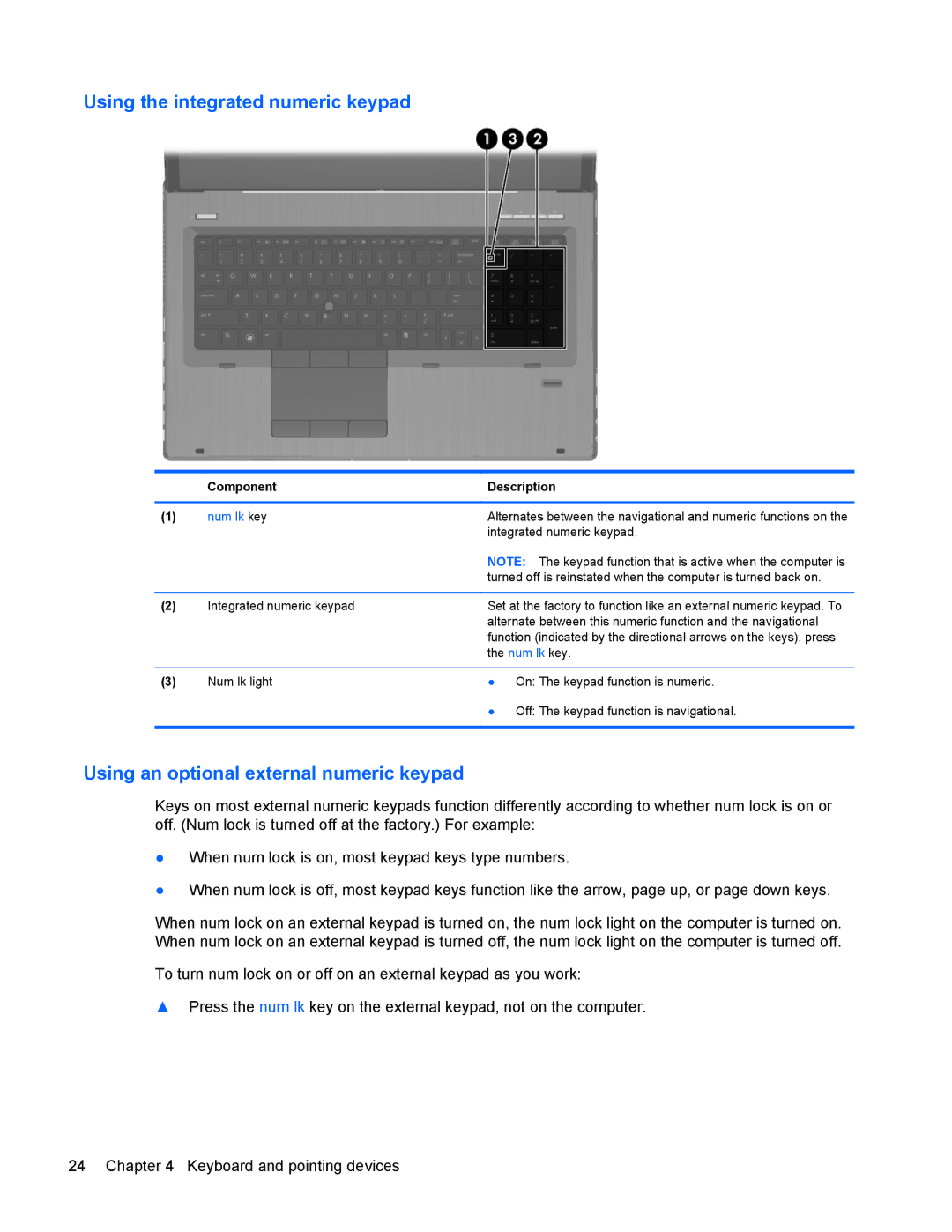 HP 8770w manual Using the integrated numeric keypad 