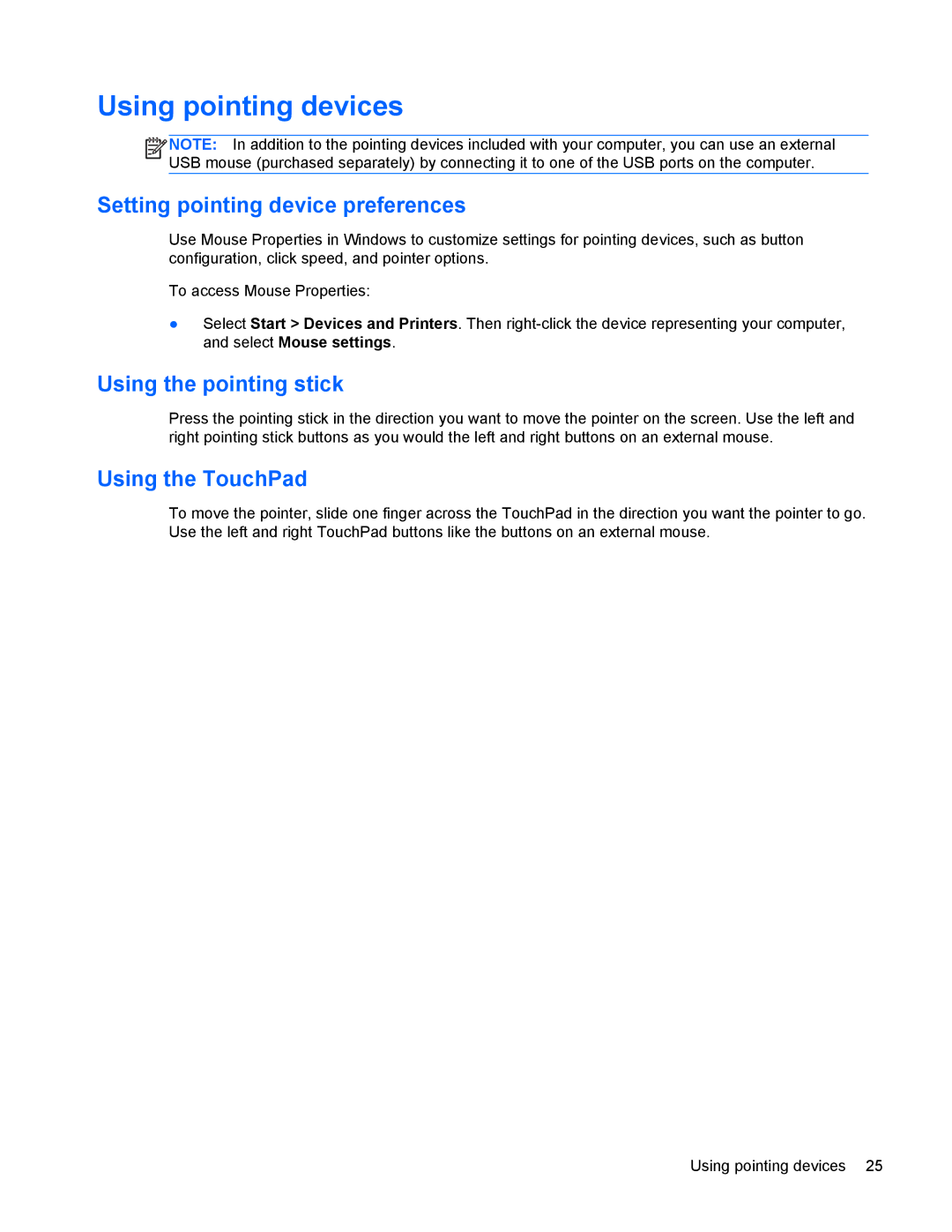 HP 8770w manual Using pointing devices, Setting pointing device preferences, Using the pointing stick, Using the TouchPad 