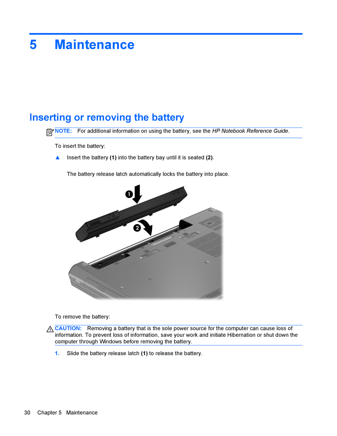 HP 8770w manual Maintenance, Inserting or removing the battery 