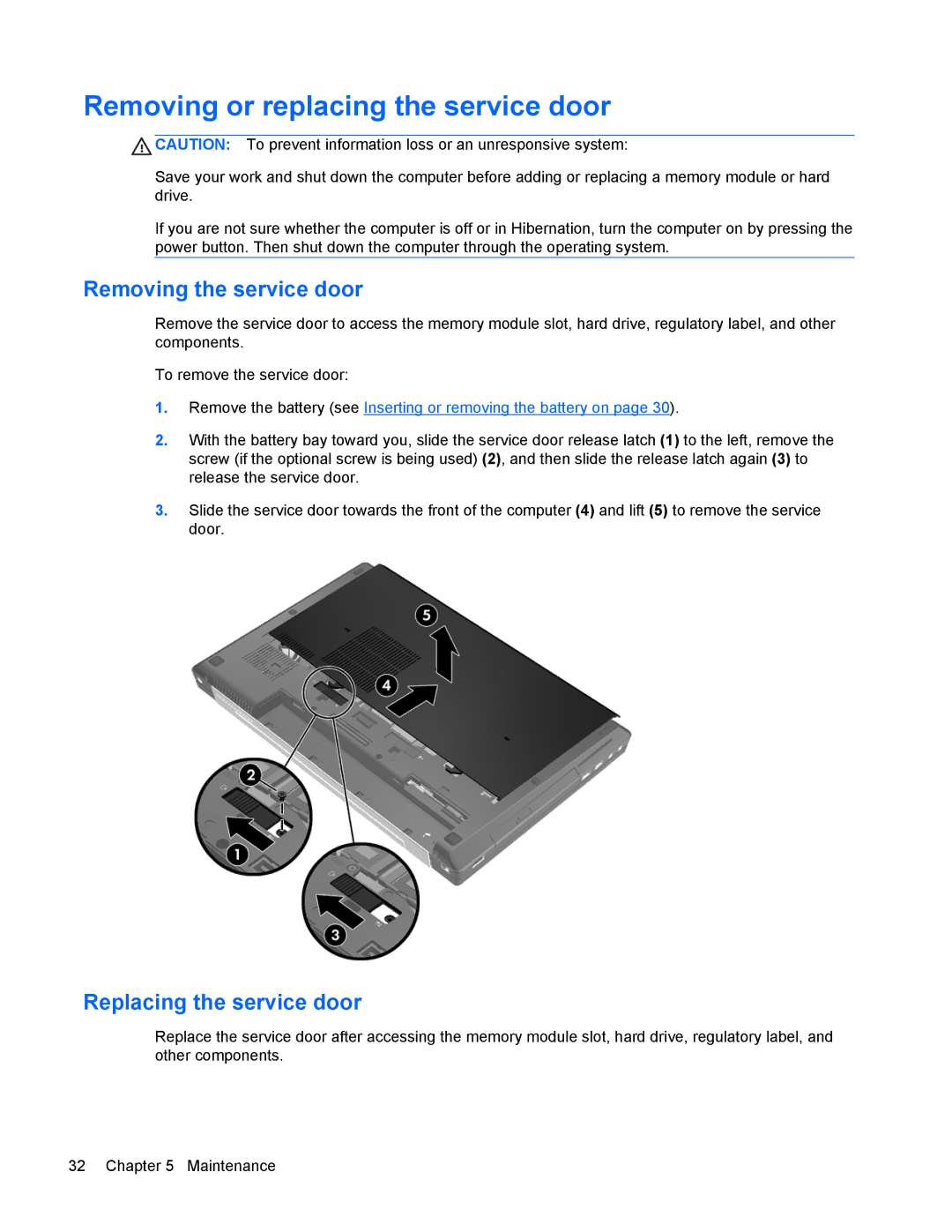 HP 8770w manual Removing or replacing the service door, Removing the service door, Replacing the service door 