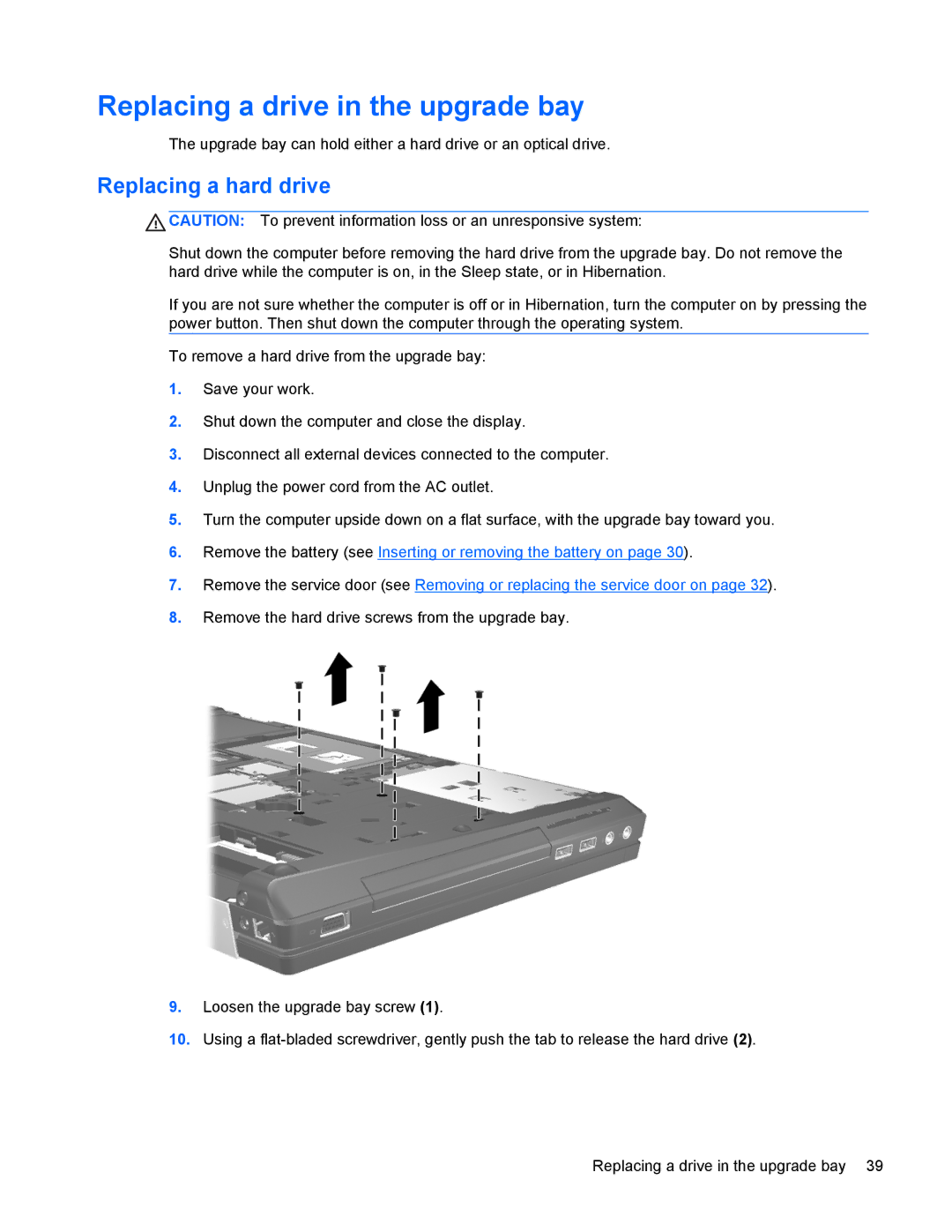 HP 8770w manual Replacing a drive in the upgrade bay, Replacing a hard drive 