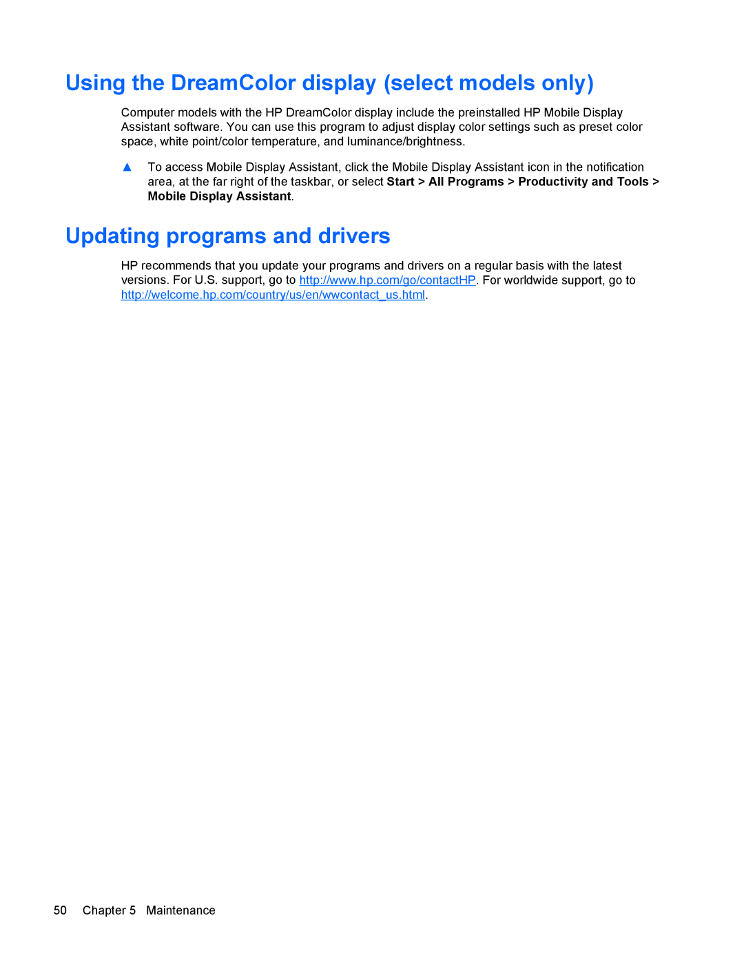HP 8770w manual Using the DreamColor display select models only, Updating programs and drivers 