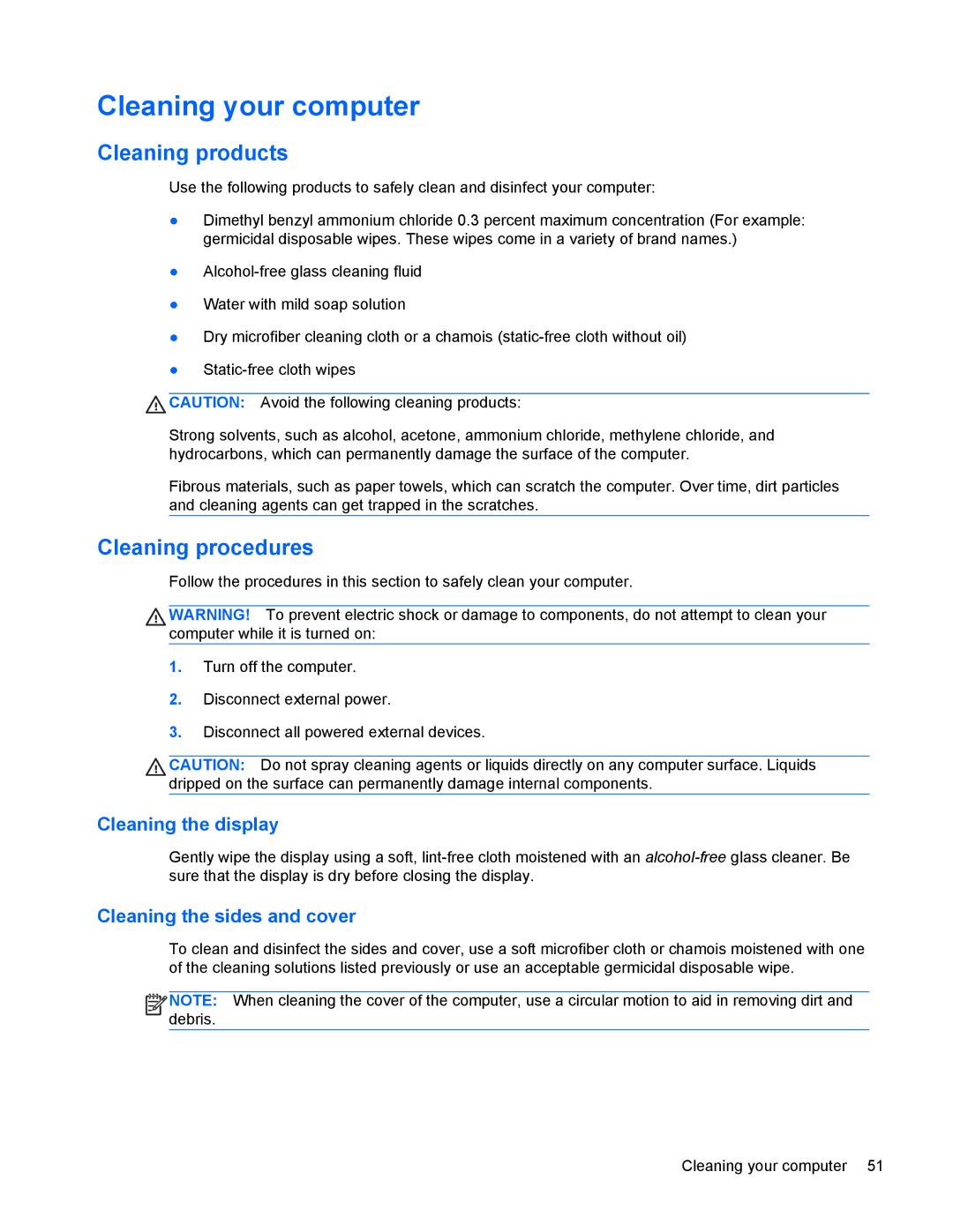 HP 8770w manual Cleaning your computer, Cleaning products, Cleaning procedures 