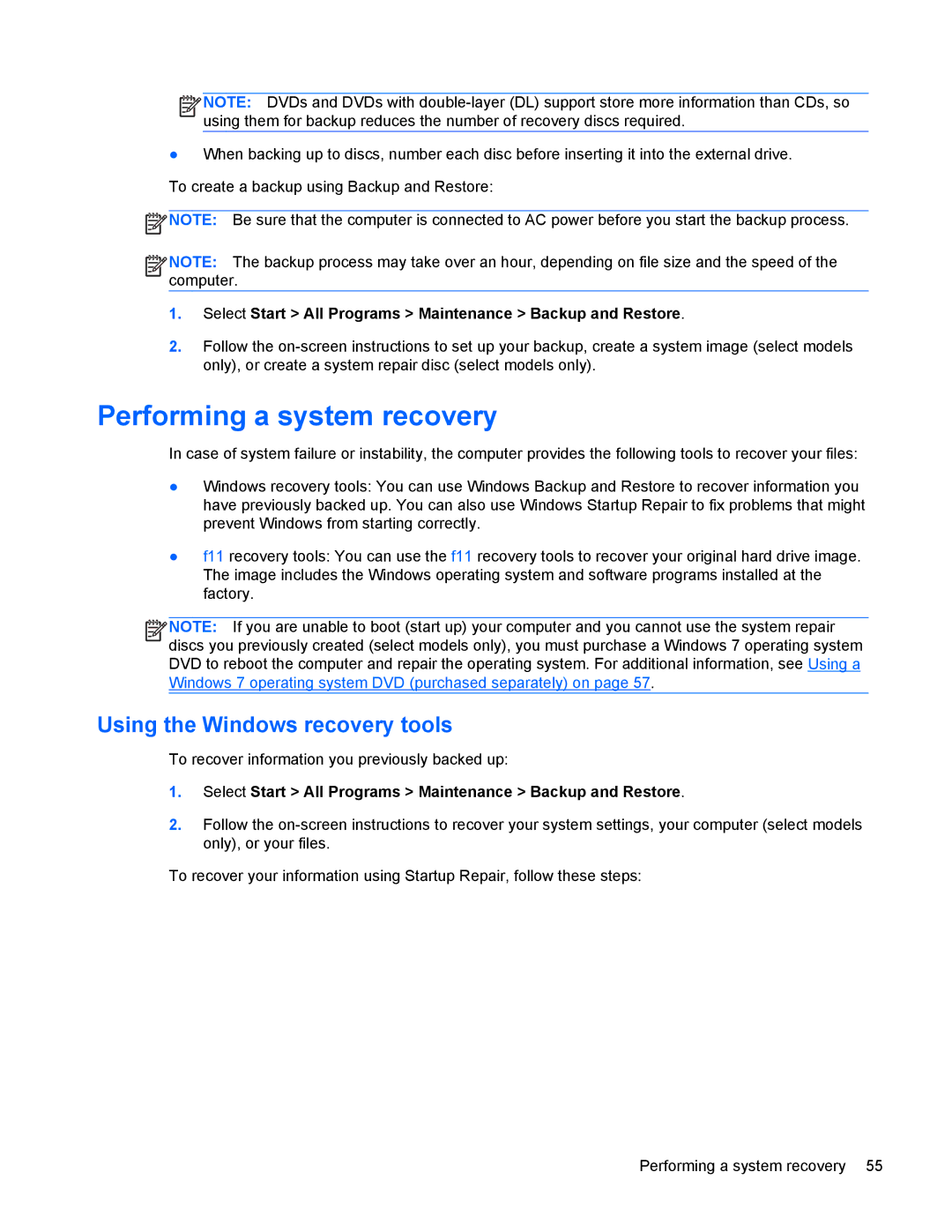 HP 8770w manual Performing a system recovery, Using the Windows recovery tools 