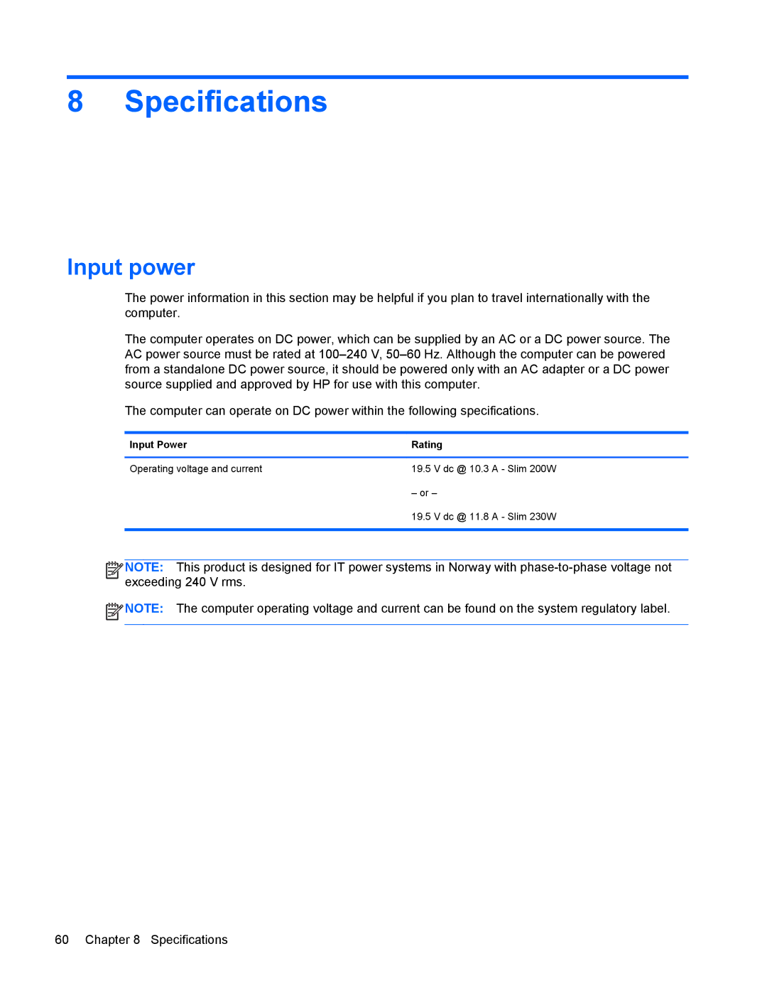 HP 8770w manual Specifications, Input power 