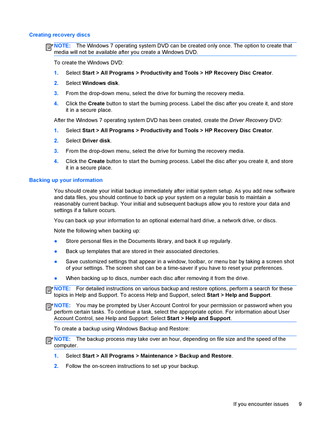 HP 880 G1 Tower manual Creating recovery discs, Backing up your information 