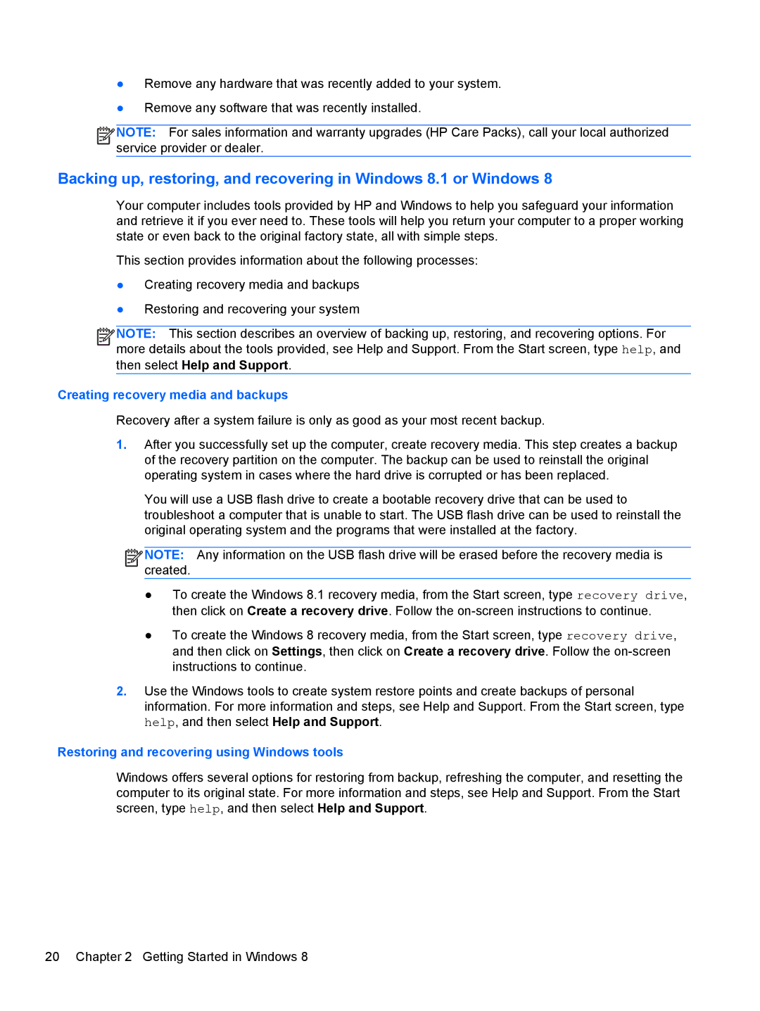 HP 880 G1 Tower manual Creating recovery media and backups, Restoring and recovering using Windows tools 