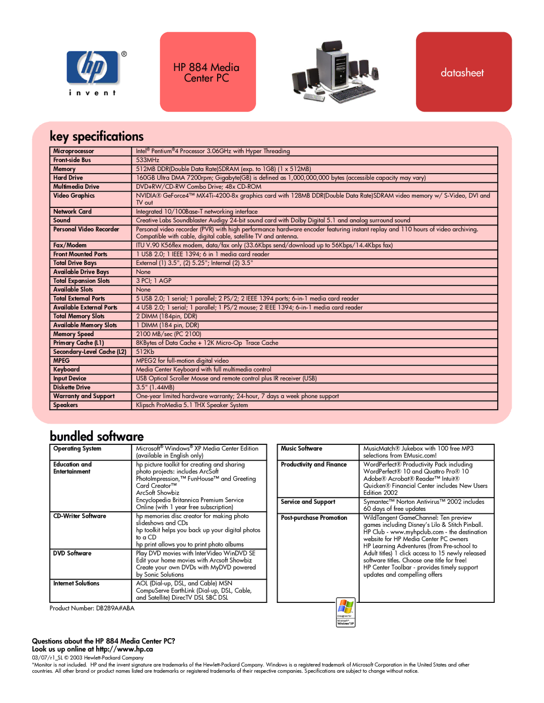 HP manual Key specifications, Bundled software, Questions about the HP 884 Media Center PC?, Mpeg 