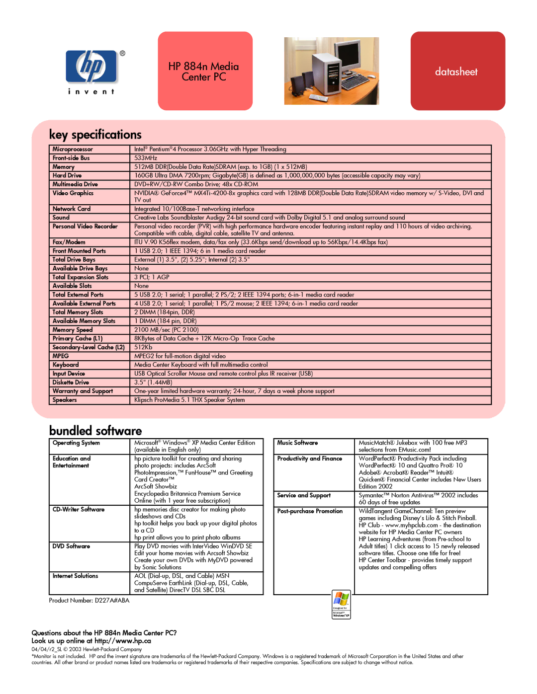 HP manual Key specifications, Bundled software, Questions about the HP 884n Media Center PC?, Mpeg 