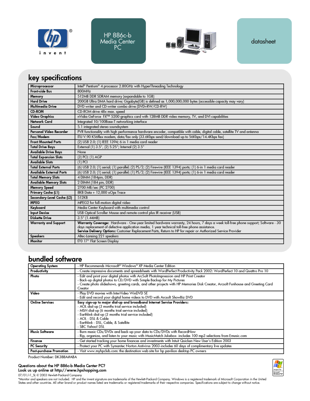 HP manual Key specifications, Bundled software, Questions about the HP 886c-b Media Center PC?, Cd-Rom, Mpeg 