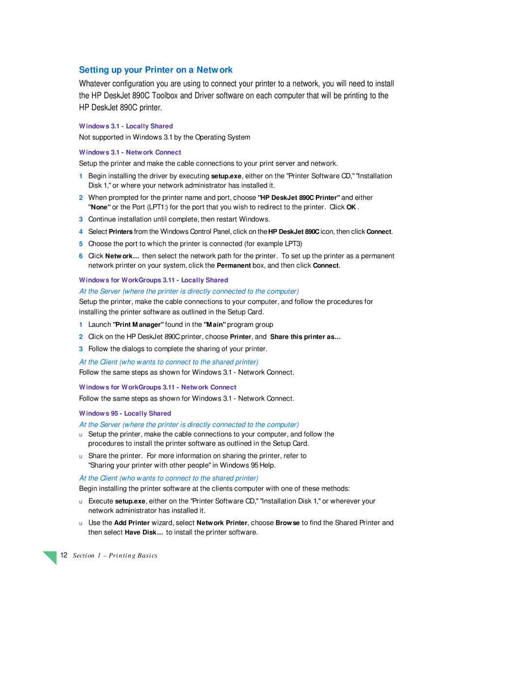 HP 890C manual Setting up your Printer on a Network, Windows 3.1 Network Connect 