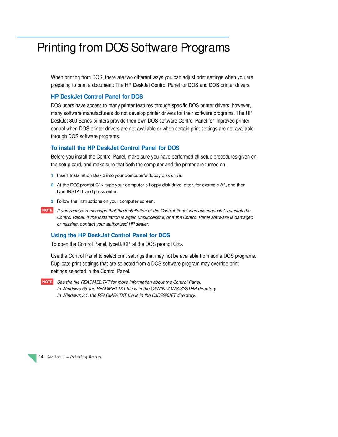 HP 890C manual Printing from DOS Software Programs, Using the HP DeskJet Control Panel for DOS 