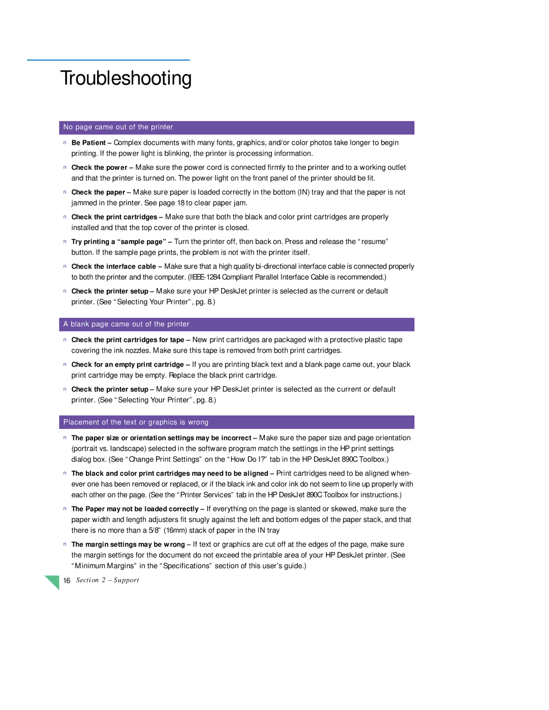 HP 890C manual Troubleshooting, Blank page came out of the printer 