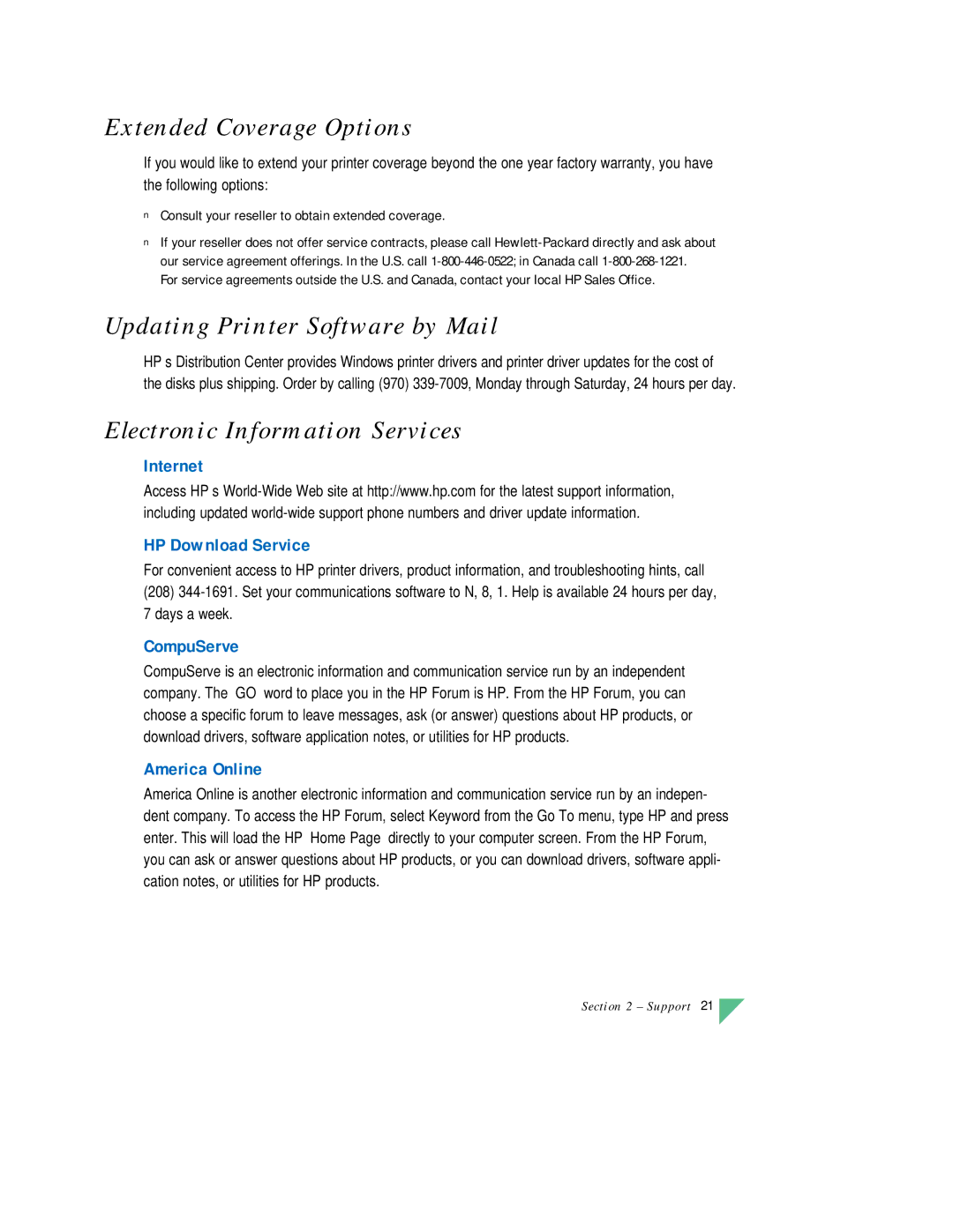 HP 890C manual Extended Coverage Options, Updating Printer Software by Mail, Electronic Information Services 