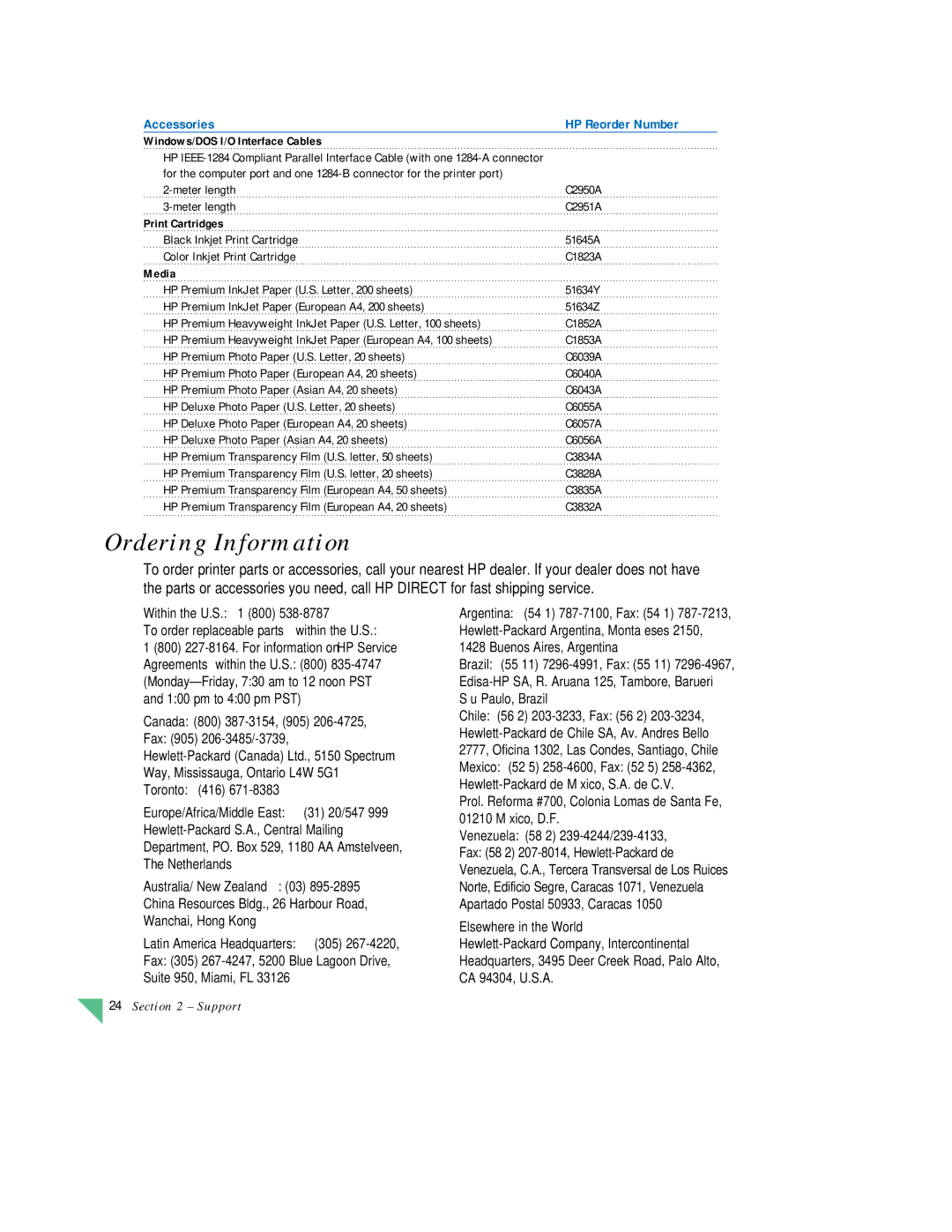 HP 890C manual Ordering Information, Accessories HP Reorder Number 