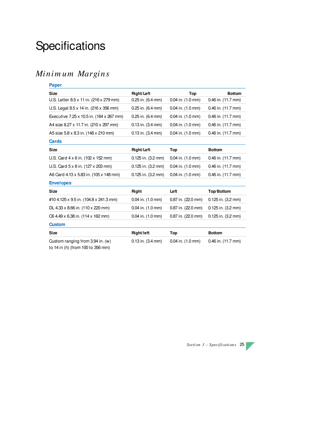 HP 890C manual Specifications, Minimum Margins 