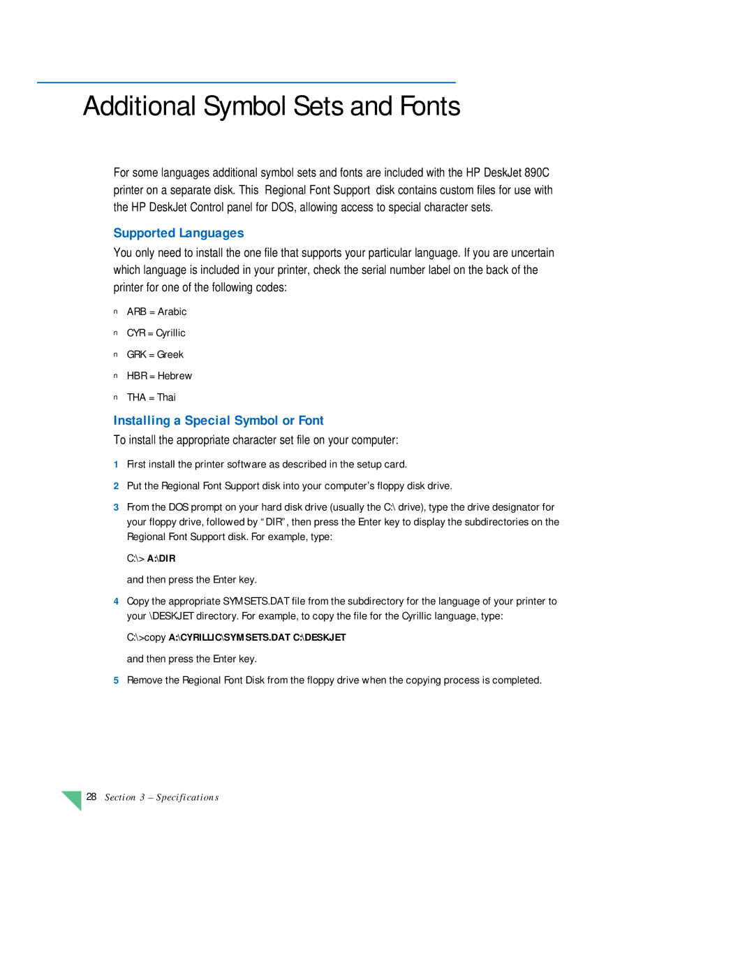 HP 890C manual Additional Symbol Sets and Fonts, Supported Languages, Installing a Special Symbol or Font 