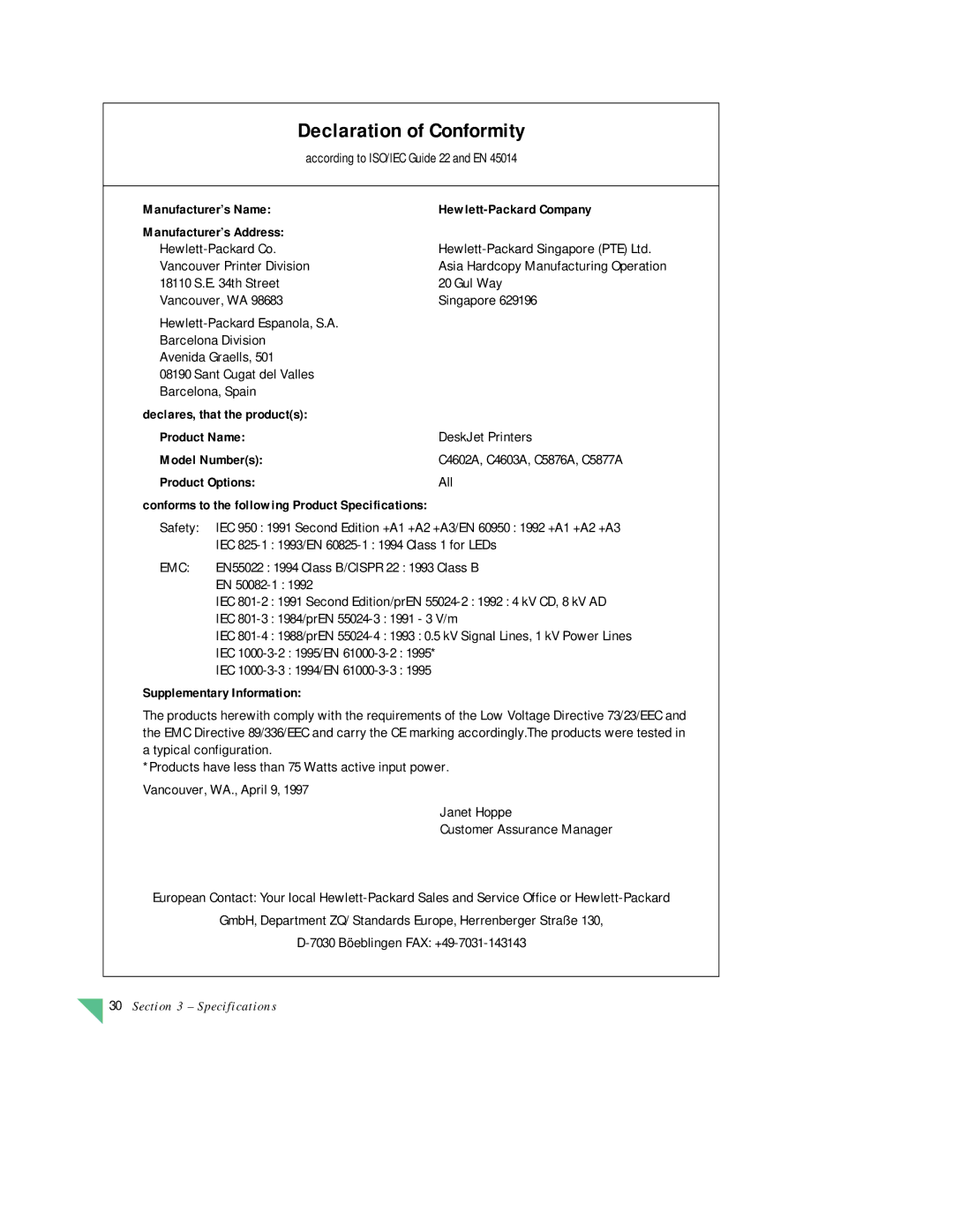 HP 890C manual Declaration of Conformity 