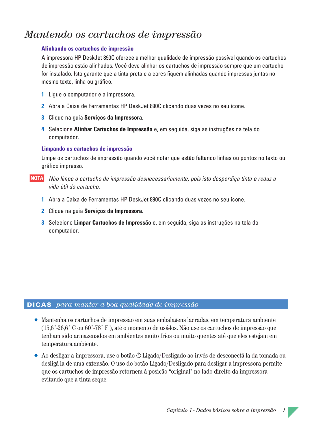 HP 890C manual Mantendo os cartuchos de impressão, Clique na guia Serviços da Impressora 