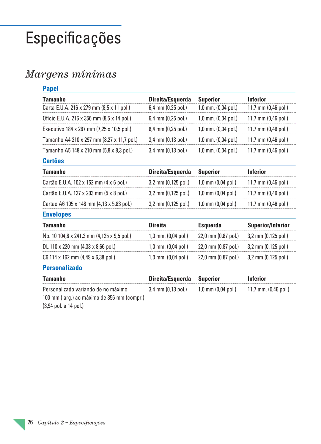 HP 890C manual Especificações, Margens mínimas, Tamanho Direita/Esquerda Superior Inferior 