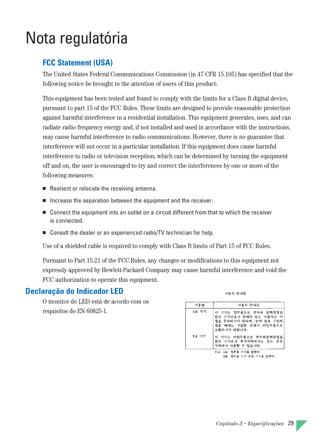 HP 890C manual Nota regulatória, FCC Statement USA, Declaração do Indicador LED 