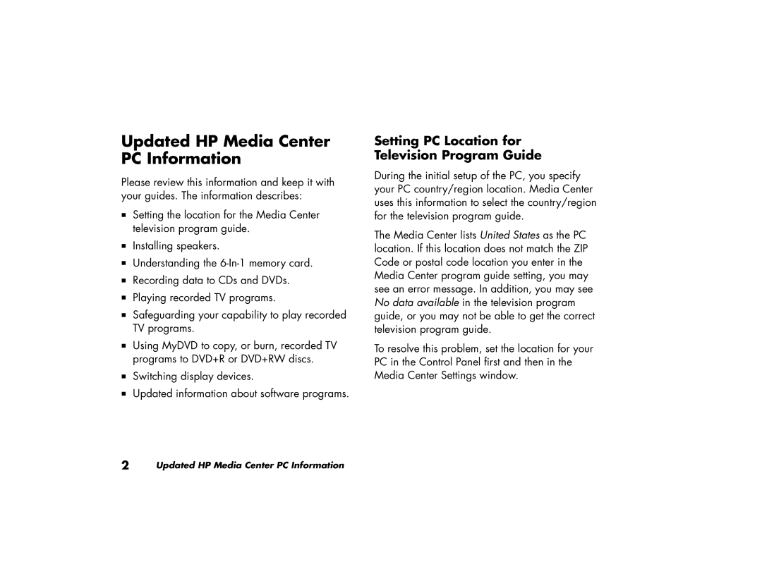 HP 864n, 894c, 884, 854n manual Updated HP Media Center PC Information, Setting PC Location for Television Program Guide 