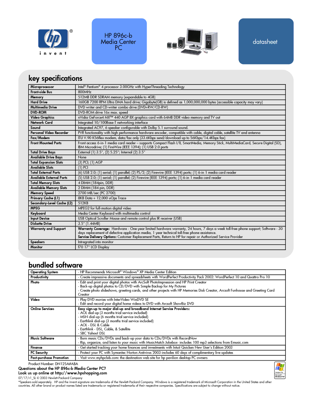 HP manual Key specifications, Bundled software, Questions about the HP 896c-b Media Center PC?, Dvd-Rom, Mpeg 