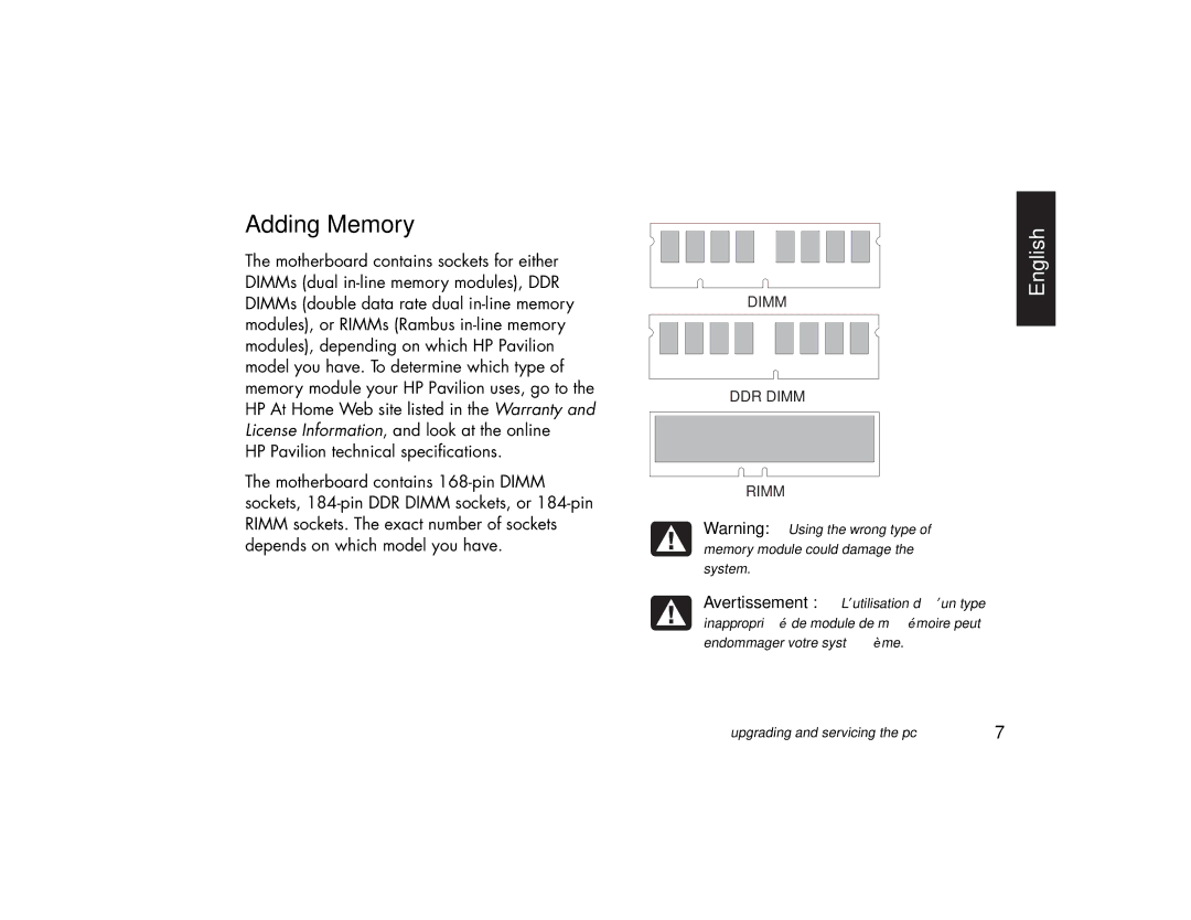 HP 79XXY, 89XXY manual Adding Memory, Dimm DDR Dimm Rimm 