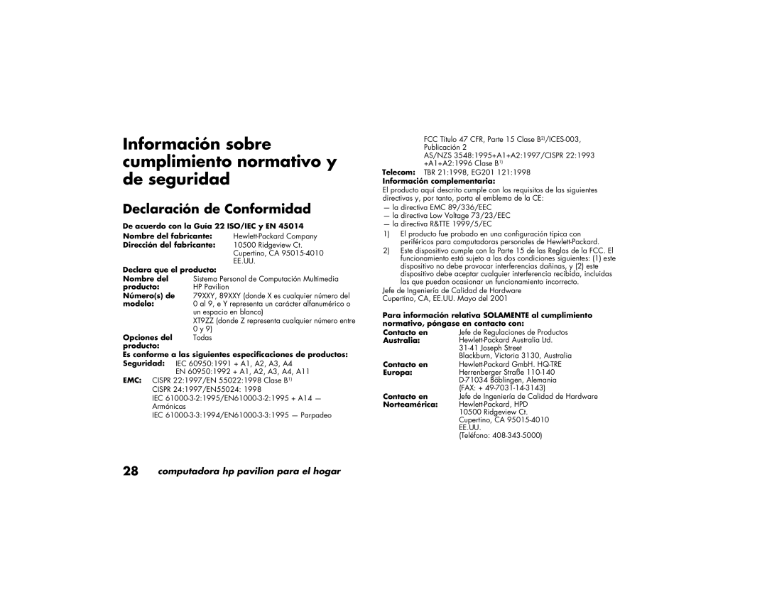 HP 89XXY, 79XXY manual Información sobre cumplimiento normativo y de seguridad, Declaración de Conformidad 