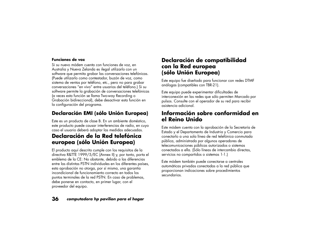 HP 89XXY Declaración de la Red telefónica europea sólo Unión Europea, Información sobre conformidad en el Reino Unido 