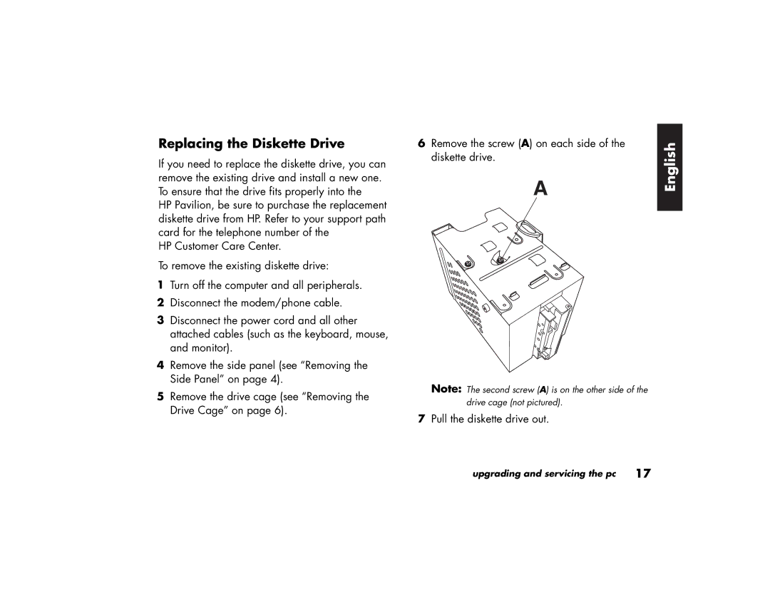 HP 79XXY, 89XXY manual Replacing the Diskette Drive 