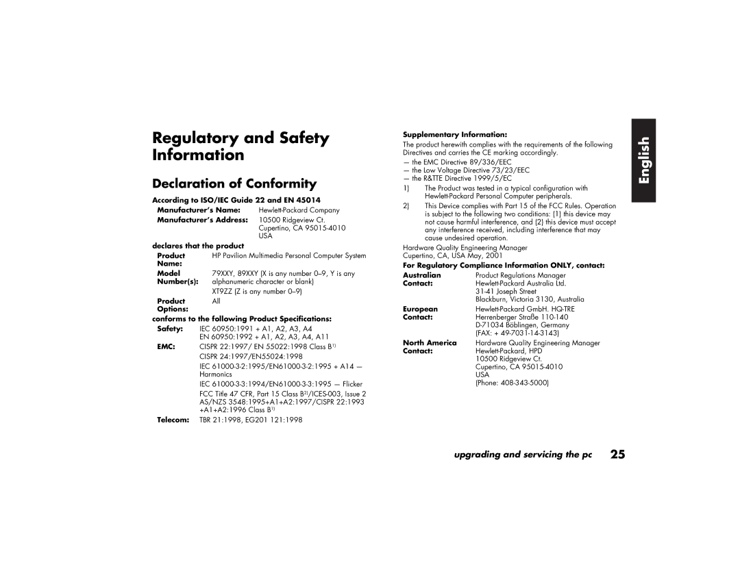 HP 79XXY, 89XXY manual Regulatory and Safety Information, Declaration of Conformity 