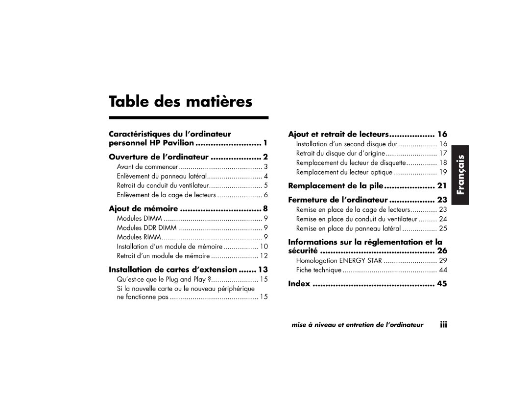 HP 79XXY, 89XXY manual Ajout de mémoire, Installation de cartes d’extension, Ajout et retrait de lecteurs, Sécurité 