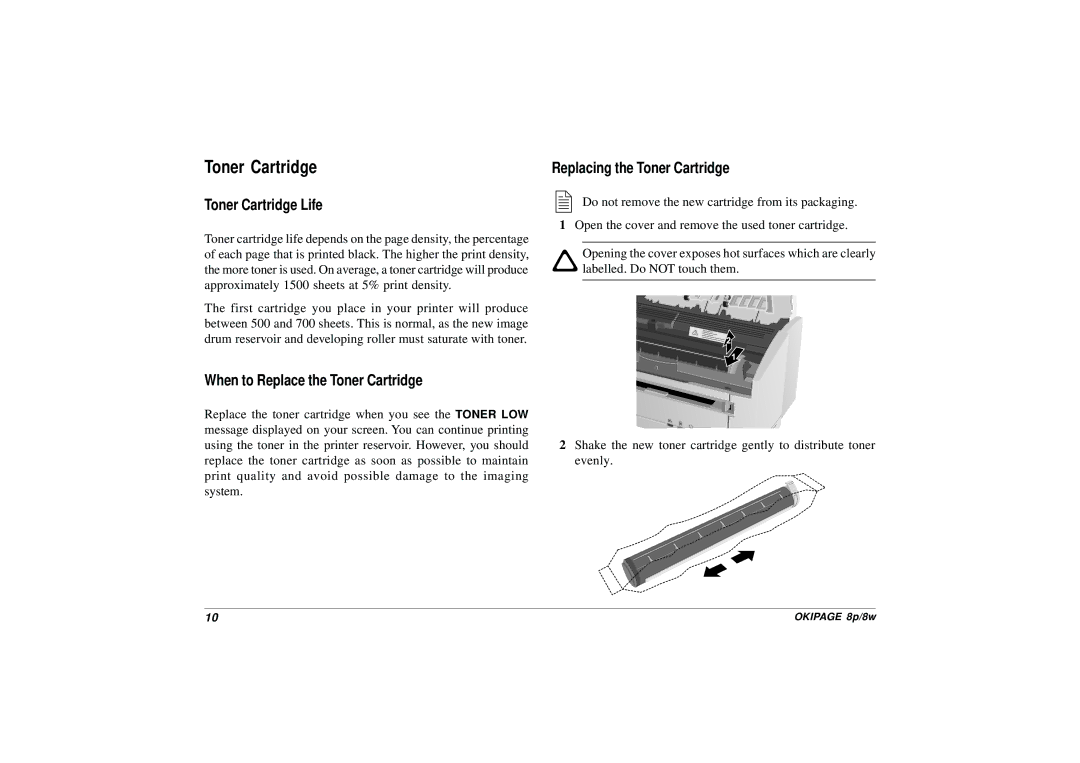 HP 8p/8w manual Toner Cartridge Life, When to Replace the Toner Cartridge, Replacing the Toner Cartridge 