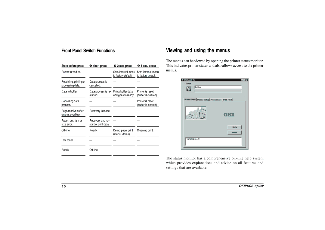 HP 8p/8w manual Viewing and using the menus, Front Panel Switch Functions 