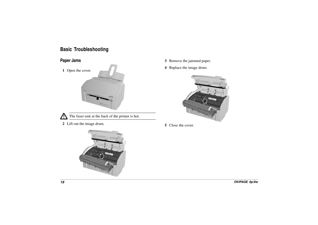 HP 8p/8w manual Basic Troubleshooting, Paper Jams 