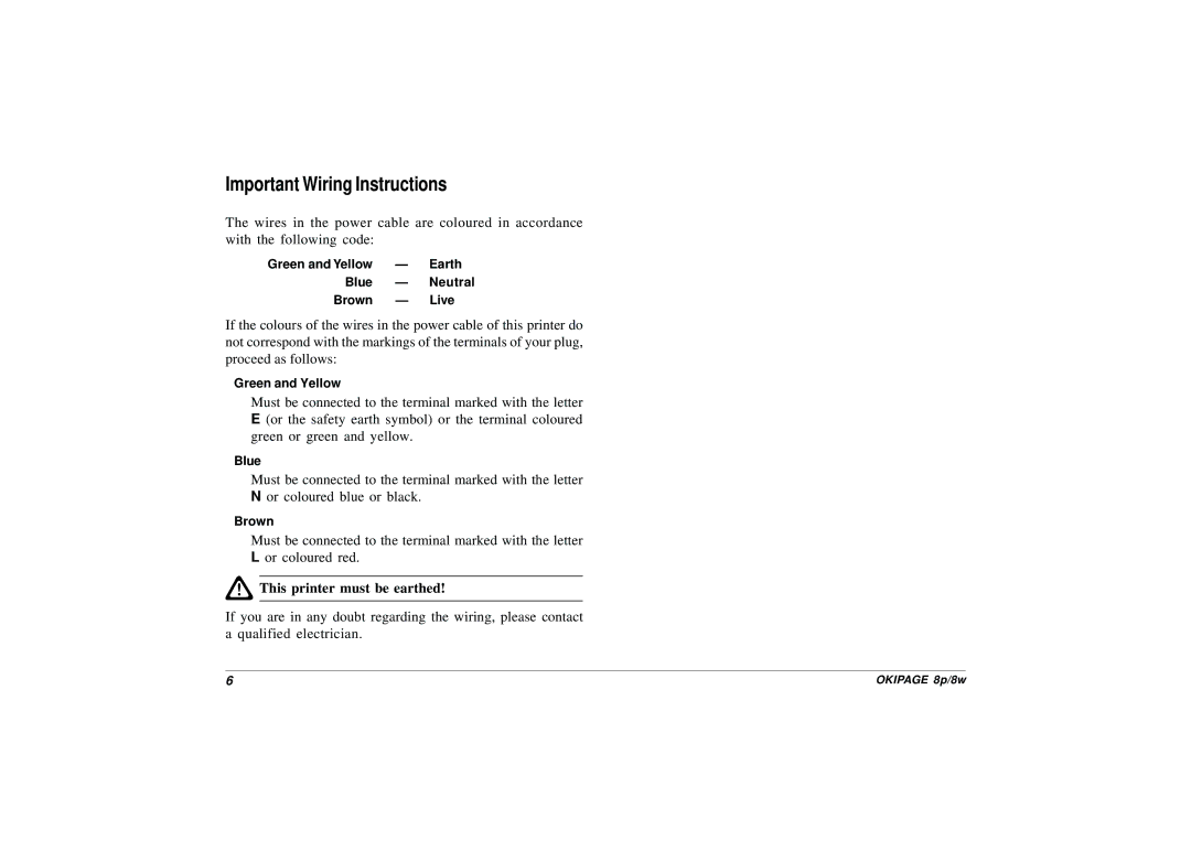 HP 8p/8w manual Important Wiring Instructions, This printer must be earthed 