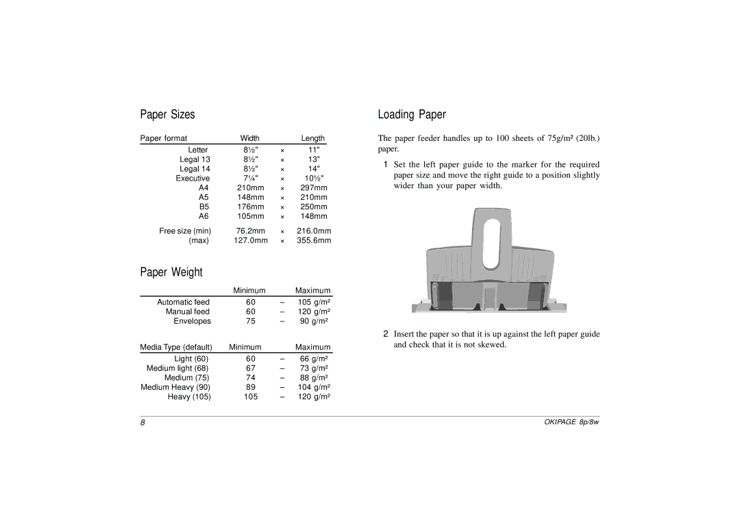 HP 8p/8w manual Paper Sizes, Paper Weight, Loading Paper 