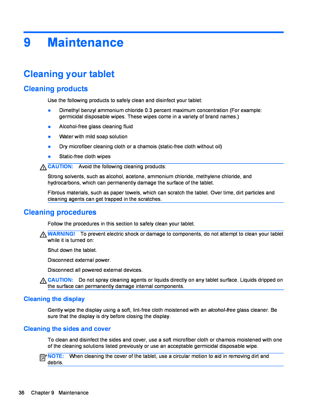 HP 900 G1 D3H87UT manual Maintenance, Cleaning your tablet, Cleaning products, Cleaning procedures, Cleaning the display 