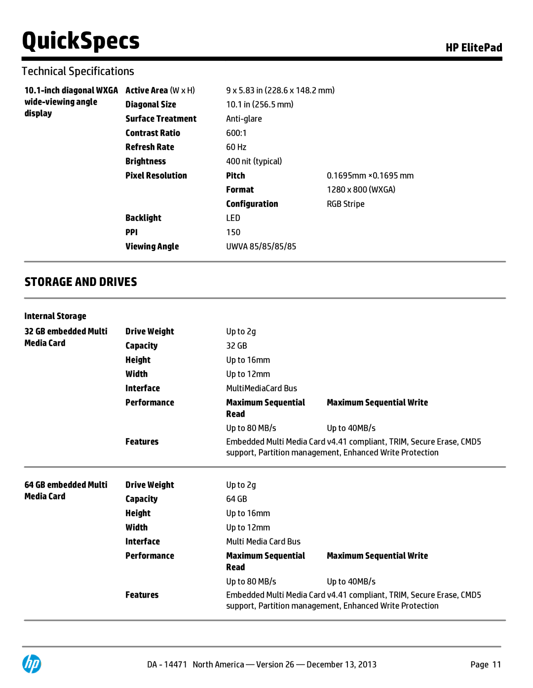 HP 900 G1 D4T10AW 10.1' 64GB D4T10AW#ABA manual Format 1280 x 800 Wxga Configuration RGB Stripe Backlight 