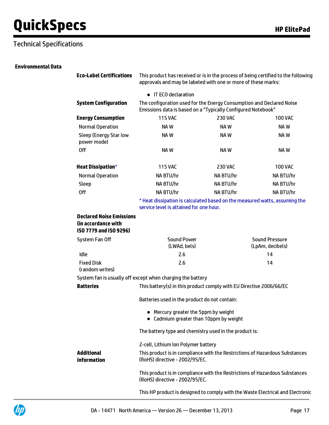 HP 900 G1 D4T10AW 10.1' 64GB D4T10AW#ABA manual Environmental Data, Energy Consumption, Heat Dissipation, ISO 7779 and ISO 