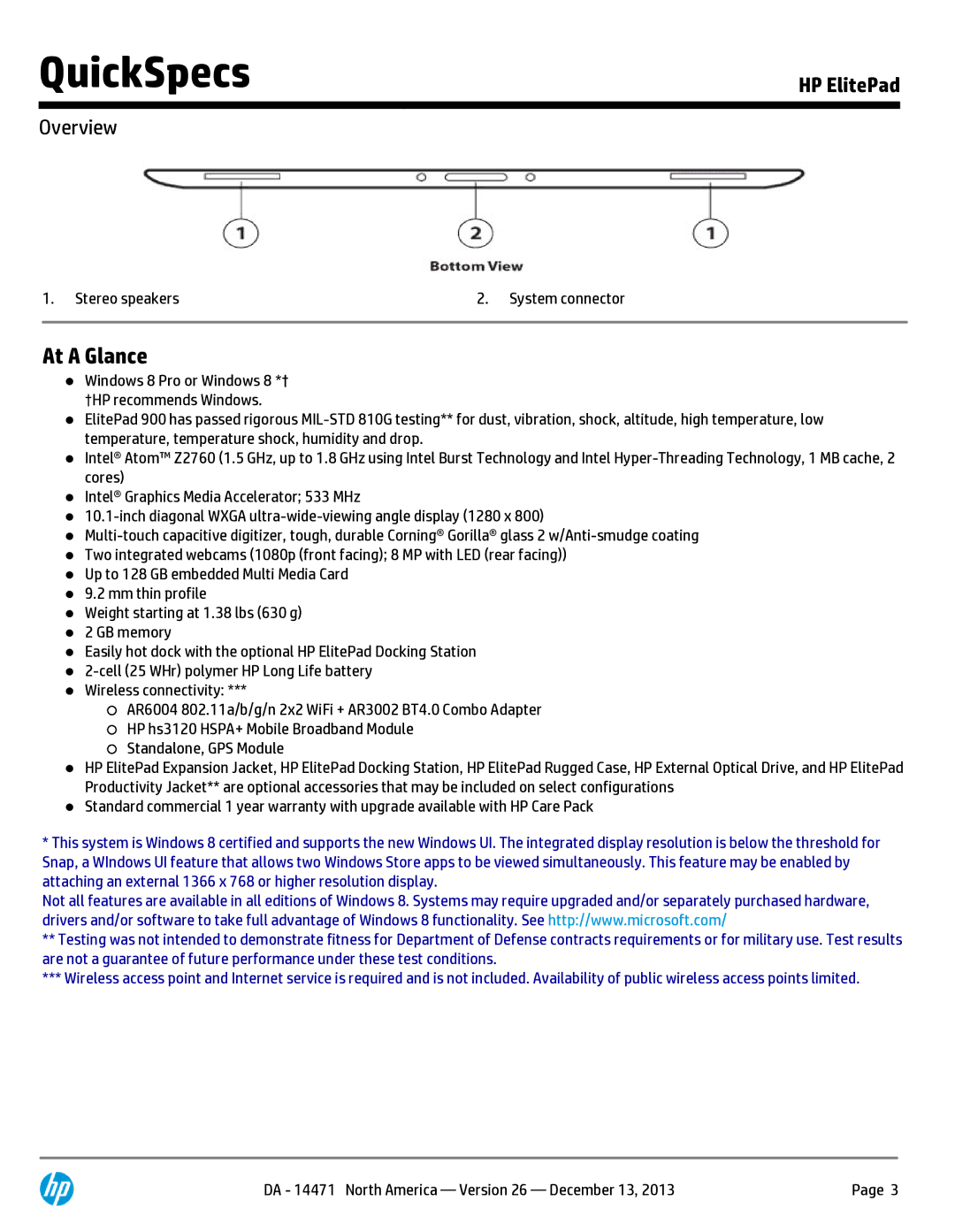 HP 900 G1 D4T10AW 10.1' 64GB D4T10AW#ABA manual At a Glance 