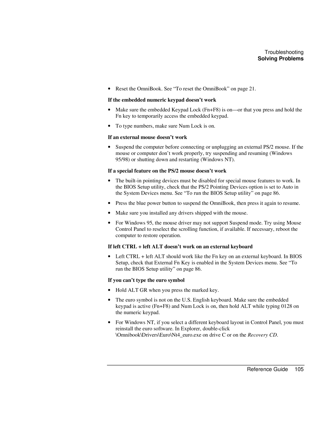 HP 900 If the embedded numeric keypad doesn’t work, If an external mouse doesn’t work, If you can’t type the euro symbol 