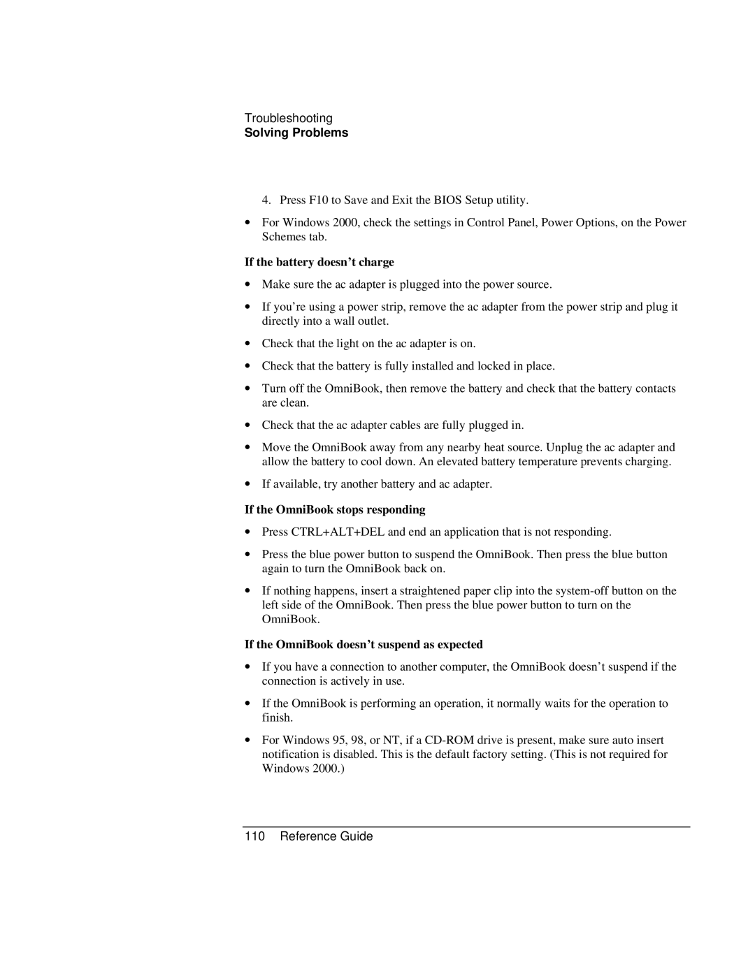 HP 900 manual If the battery doesn’t charge, If the OmniBook stops responding, If the OmniBook doesn’t suspend as expected 