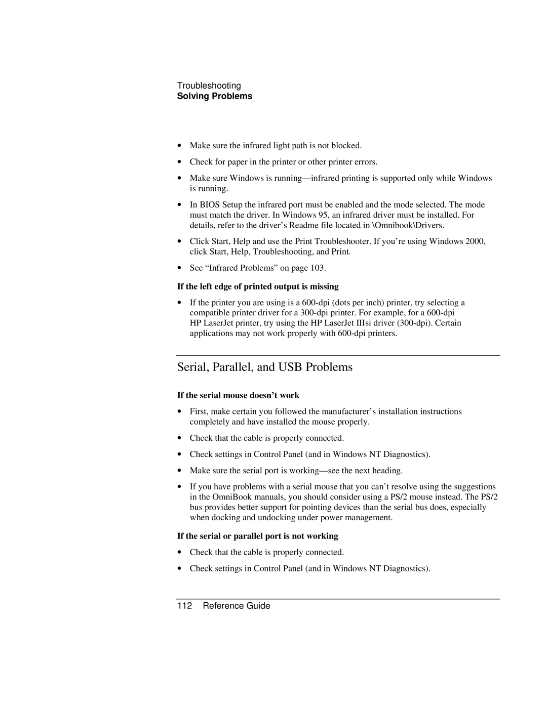 HP 900 Serial, Parallel, and USB Problems, If the left edge of printed output is missing, If the serial mouse doesn’t work 