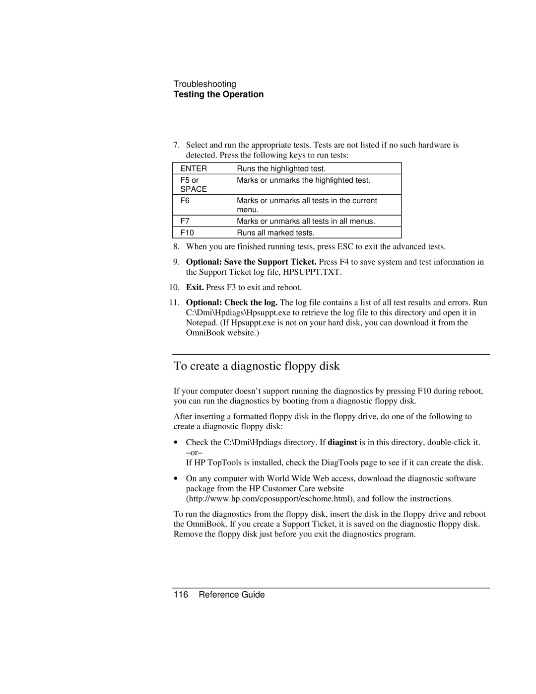 HP 900 manual To create a diagnostic floppy disk, Space 