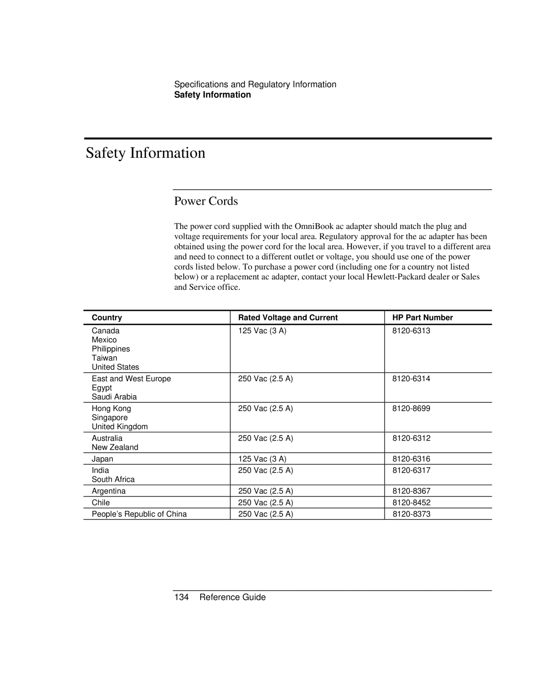 HP 900 manual Safety Information, Power Cords, Country, Rated Voltage and Current, HP Part Number 