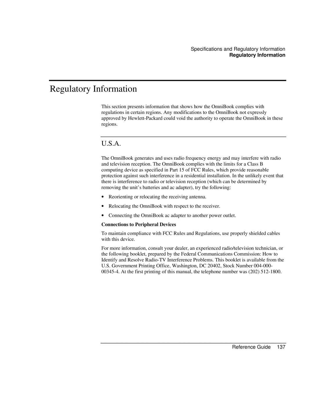 HP 900 manual Regulatory Information, Connections to Peripheral Devices 