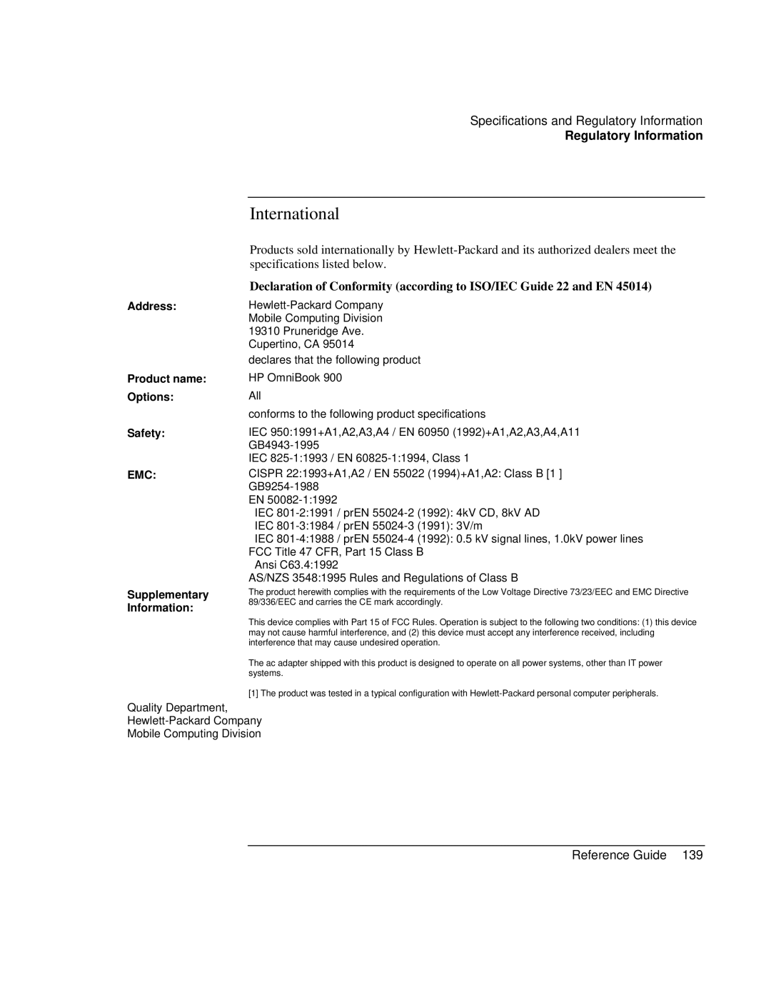 HP 900 manual International, Address, Options, Safety, Supplementary Information 