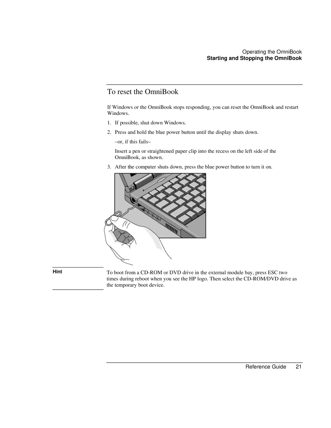 HP 900 manual To reset the OmniBook, Hint 